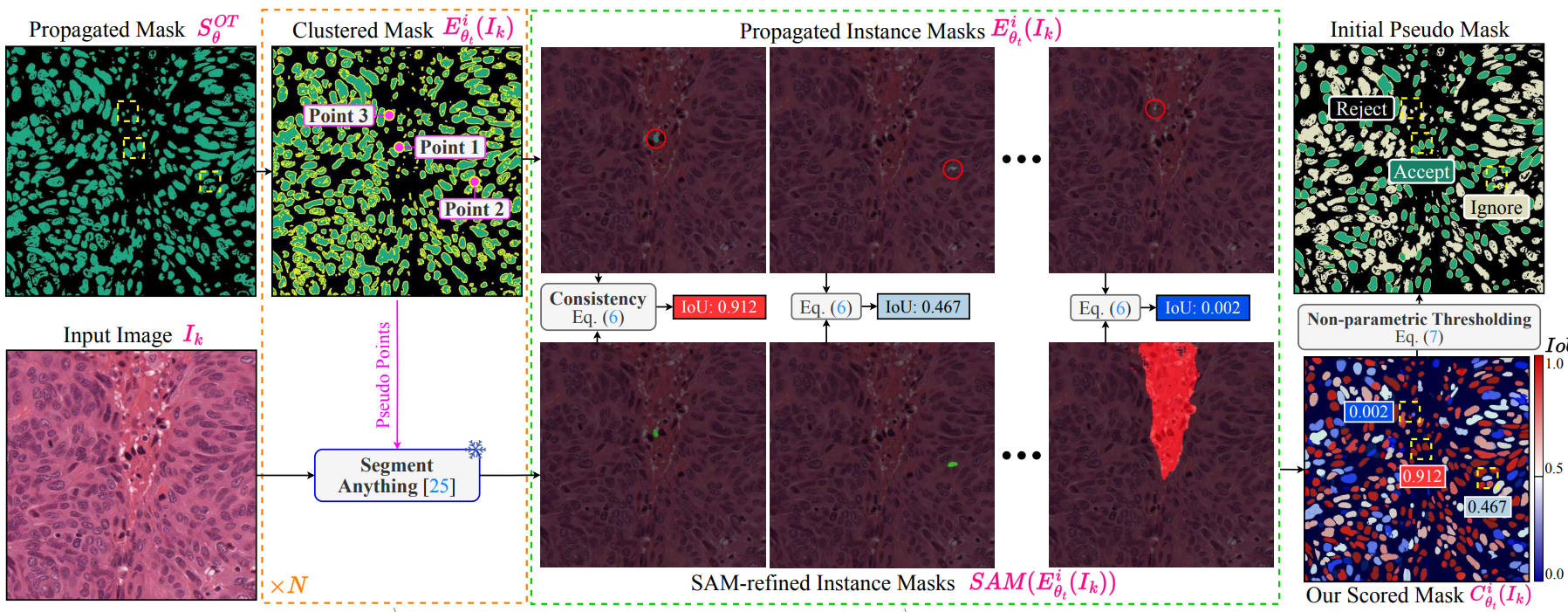 Step 2: propagated instances re-refined by SAM and scored by consistency